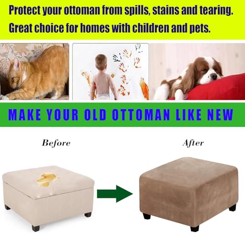 Square Ottoman Cover 14-44 Inch Stretch Checked Slipcover with Elastic - Camel 14/35x35cm