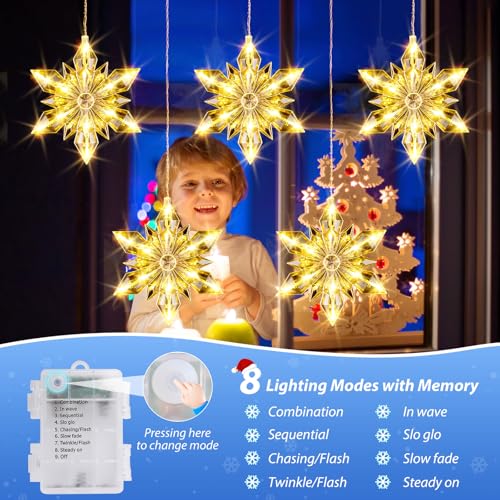 Christmas Snowflake Window Lights - 5 Snowflakes, 60 LEDs Waterproof Outdoor Indoor Decor