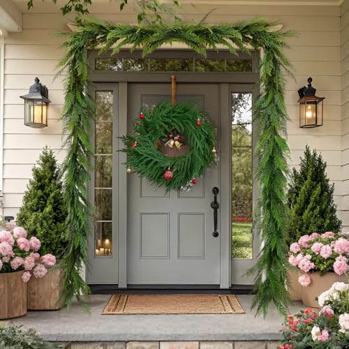 9Ft Real Touch Cedar Garland with 240 Branches, Lush Fake Christmas Wreath