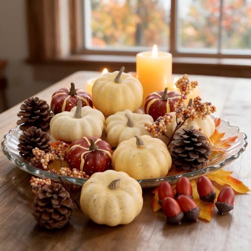 23 Pcs Fall Fake Pumpkins Set with Acorns Pine Cones Berries Maple Leaves for Thanksgiving Decor