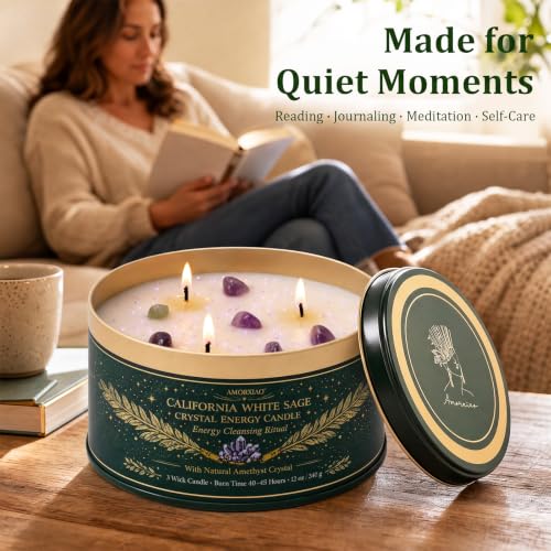 White Sage Candle with Crystals - 12 oz 3-Wick Soy Aromatherapy Candle - Variation: White Sage 1 Pack