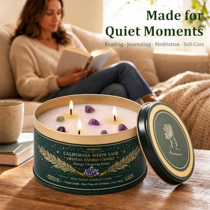 White Sage Candle with Crystals - 12 oz 3-Wick Soy Aromatherapy Candle - Variation: White Sage 1 Pack