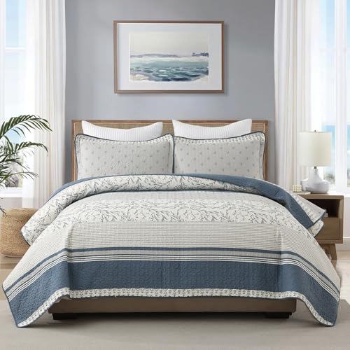 Oversized Cotton King Quilt Set with Botanical Stripe Design - Moonlight Blue/Gray/Off White, 106"x118"