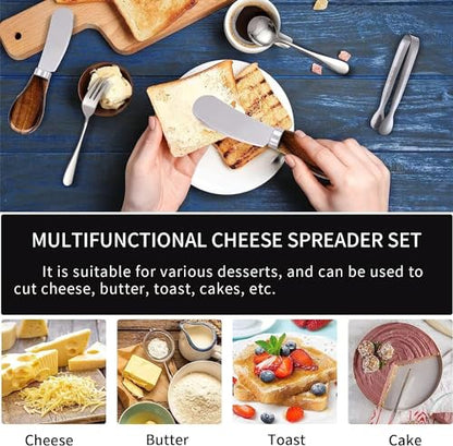 Silver Wooden Handle Charcuterie Accessories Set - Cheese Spreaders & Mini Serving Utensils