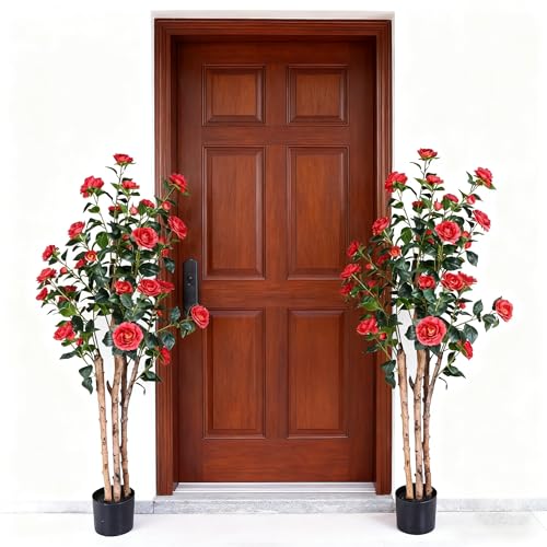 5ft Artificial Camellia Tree with Red Flowers - Potted Faux Indoor Outdoor Plant, Realistic Blooming Fake Tree, Home Decor