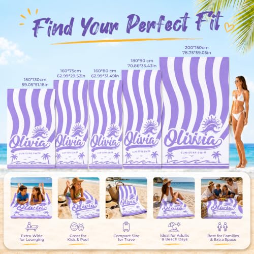 Lavender Purple Personalized Beach Towel with Names - Custom Sand-Free Pool & Vacation Wrap