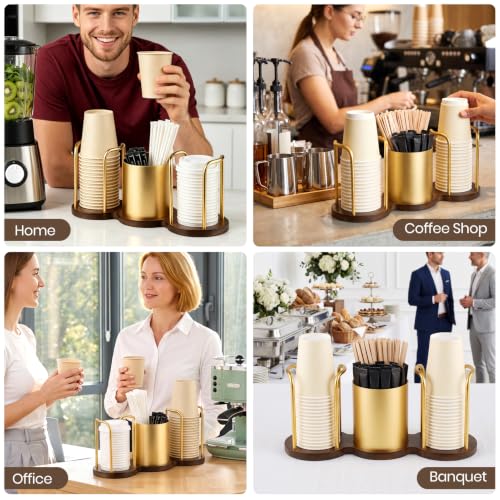 Coffee Cup Dispenser with Straw & Stirrer Storage - Gold, Small (3.35in)