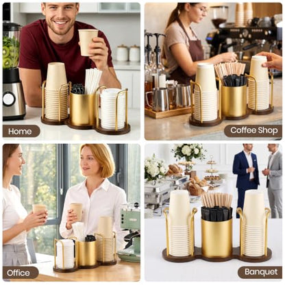 Coffee Cup Dispenser with Straw & Stirrer Storage - Gold, Small (3.35in)