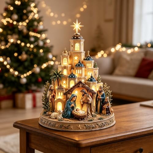 Blue Bethlehem Nativity Church Light Tower with Figurines - Christmas Scene Religious Decor