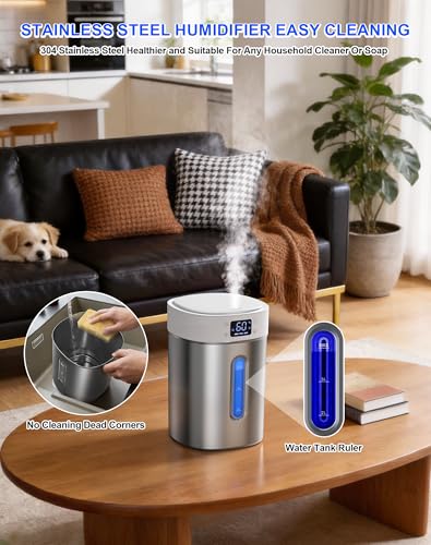 Large Stainless Steel Humidifier for Bedroom and Home, 4L Tank, Night Light & Timer