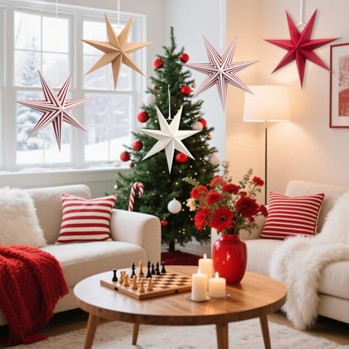 7-Pointed Paper Star Lanterns - Red & White Christmas Hanging Decorations, 12 Inch, 5 Pack - Variation of THIS listing