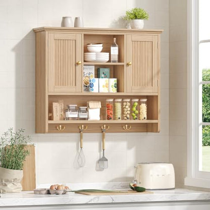 Wall Mount Bathroom Cabinet with Fluted Doors and Hooks - Natural Oak