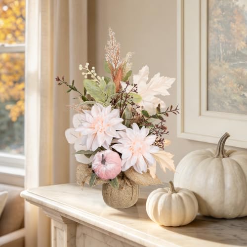 Artificial Fall Thanksgiving Centerpiece with White Dahlia & Pumpkin - Rustic Farmhouse Decor