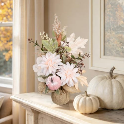 Artificial Fall Thanksgiving Centerpiece with White Dahlia & Pumpkin - Rustic Farmhouse Decor