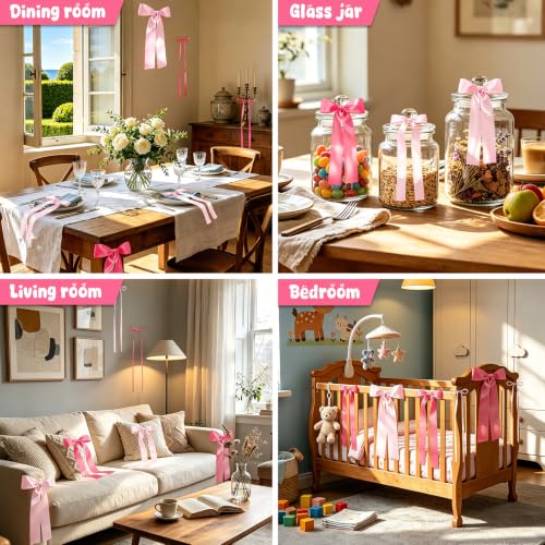 Pink Bow Birthday Decorations 40Pcs Satin Ribbon Bows DIY Wall Backdrop for Girls Princess Party