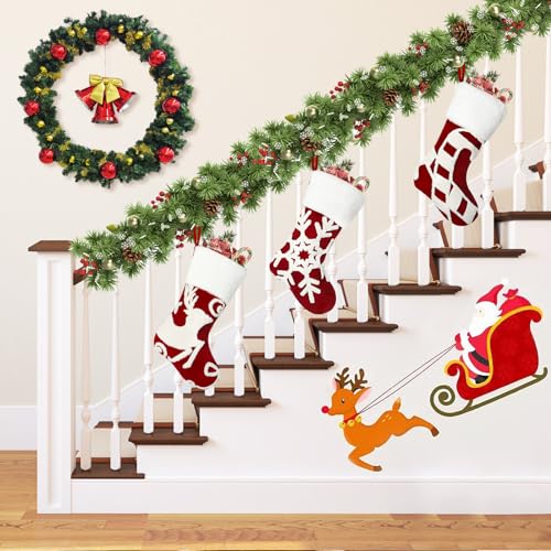 Set of 3 Red Embroidered Christmas Stockings - 18 Inch Holiday Decor