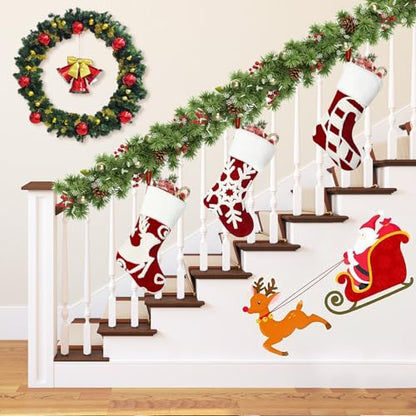 Set of 3 Red Embroidered Christmas Stockings - 18 Inch Holiday Decor