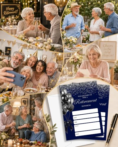 Navy Blue Retirement Party Invitations Set with Envelopes - 25 pcs