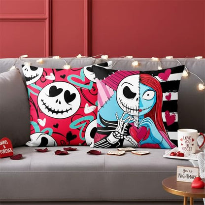 Valentine's Day Throw Pillow Covers Set - Nightmare Before Christmas Style 18x18 Plush Fleece