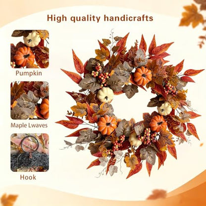 Artificial Fall Wreath for Front Door - Orange-Brown 22-24 Inch Autumn Decor