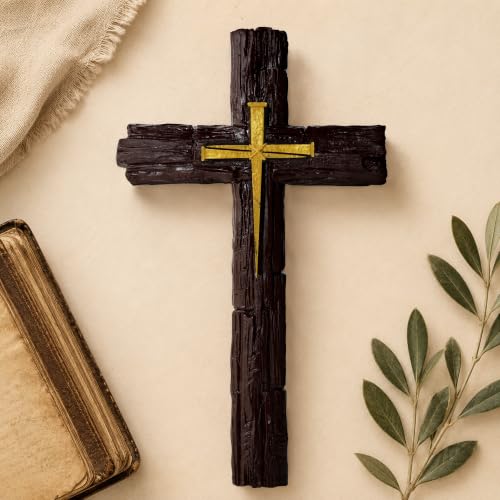 Rustic Christian Wall Cross - Resin Decor with Woodgrain Finish, 10.4 Inch