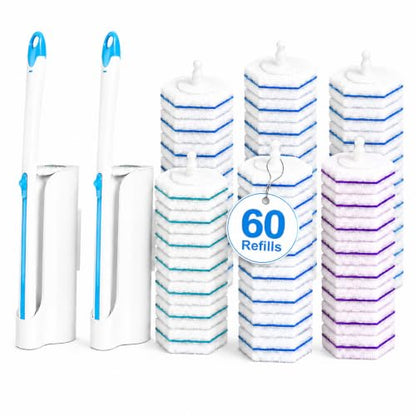 Disposable Toilet Brush Set with 2 Holders & 60 Refills - 2 Pack
