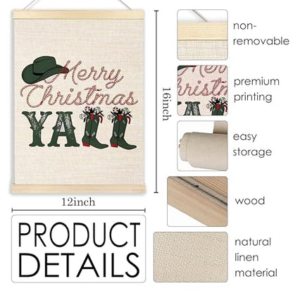 Western Christmas Wall Decor - Merry Christmas Y'all Cowboy Boots Wall Art with Wooden Poster Hanger - 12x16 Inches - Variation of 15-wall art-Christmas second