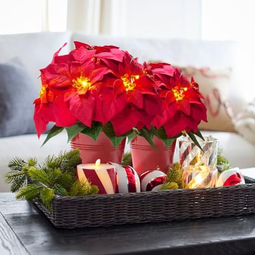 Velvet Red Artificial Poinsettia Flowers for Holiday Decor - 10 Inch LED Lighted Set