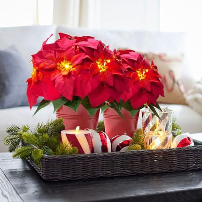 Velvet Red Artificial Poinsettia Flowers for Holiday Decor - 10 Inch LED Lighted Set