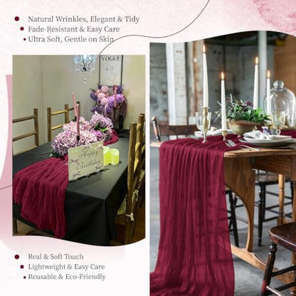 Burgundy Cheesecloth Table Runner Set - Boho 17x108 Inch, 12 Pack