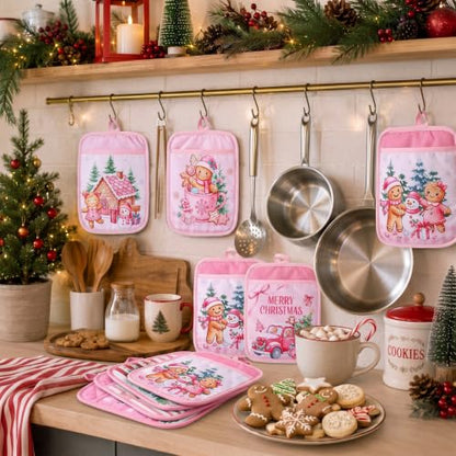 Christmas Pot Holders with Pockets - Pink Gingerbread Holiday Kitchen Accessories