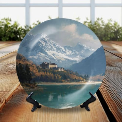 Mountain Lake Switzerland Ceramic Decorative Plate 8x8 Inch with Stand - White Elephant Gift