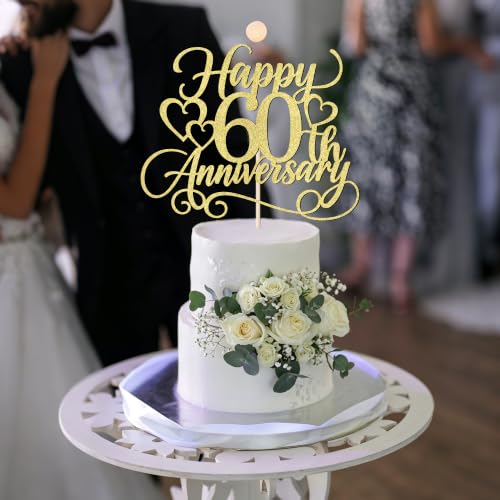 Happy 60th Anniversary Cake Topper Glitter Celebration Decoration - Gold