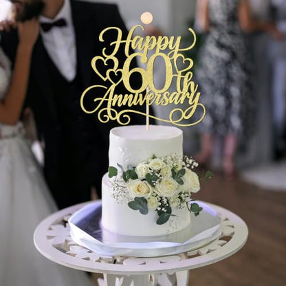 Happy 60th Anniversary Cake Topper Glitter Celebration Decoration - Gold