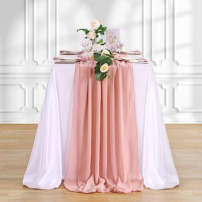 Dusty Rose Chiffon Table Runner Set - 10 Pieces 27x120 Inches Rustic Wedding Decor