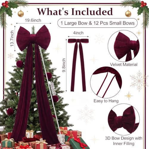 Burgundy Velvet Bow Christmas Tree Topper Set with 12 Small Bows - 8.2ft Large