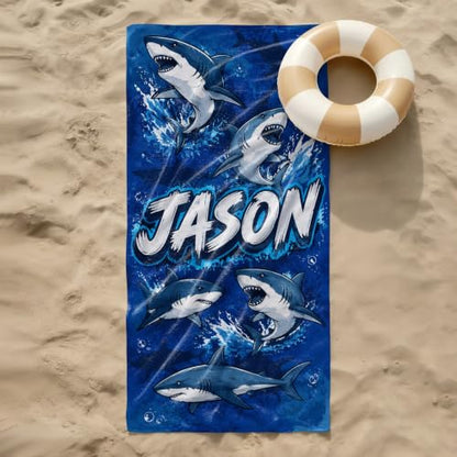 Kids Personalized Shark Beach Towel with Name - Toddler & Boys Beach Blanket