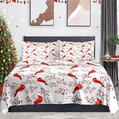 WeCozy Christmas Bird Twin Bed Sheet Set - 3 Pieces, Flat Pillowcase & Deep Pocket Fitted Sheet