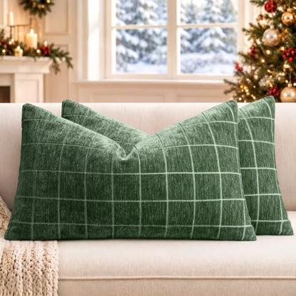 MIULEE Christmas Moss Green Plaid Decorative Lumbar Pillow Covers 20x12 Set of 2
