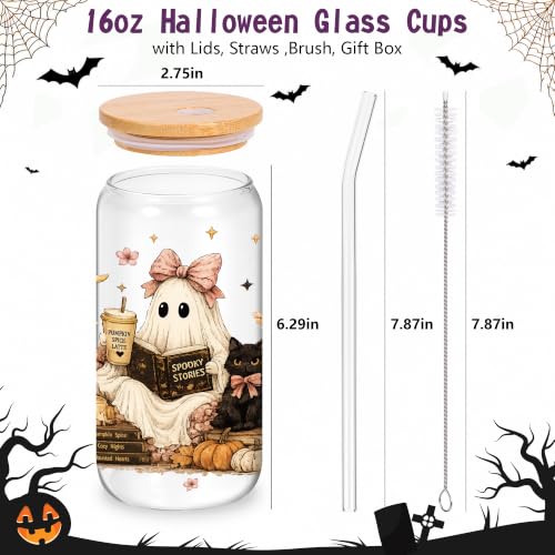 Halloween Glass Cup with Lid & Straw - Ghostbook Design, 16oz Book Lover Gift