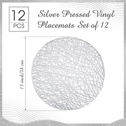 Silver Round Placemats 15 Inch Vinyl Set of 12 - Hollow Out Design