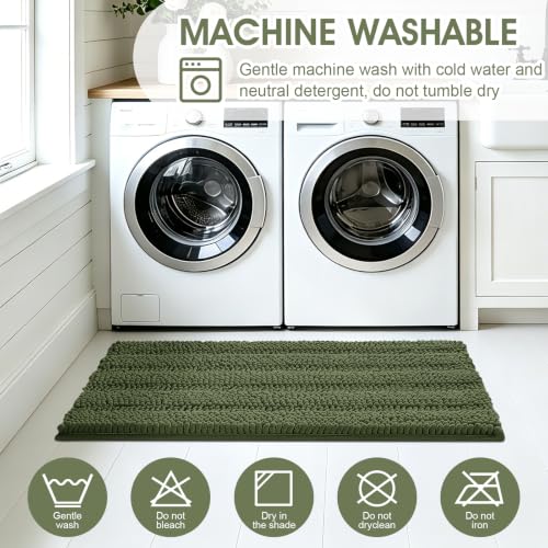 Christmas Striped Bathroom Rug Set - Oliver Green 3-Piece Non Slip Chenille Bath Mat, Absorbent Plush Shaggy Rugs for Bathroom, Bedroom, Kitchen - Variation of Oliver Green / 2'8"x1'8"+2'×1'5"+U Shape 2'×1'8"