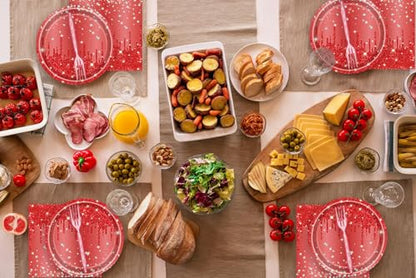 Red Glitter Disposable Paper Plates Set for Parties - 7 Inch, 72 Pcs with Napkins & Forks