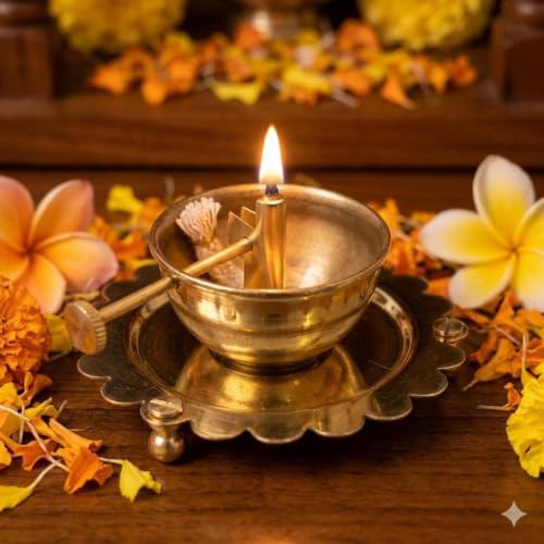 Brass Akhand Jyot Diya with Glass Cover and Adjustable Wick Control