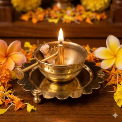 Brass Akhand Jyot Diya with Glass Cover and Adjustable Wick Control