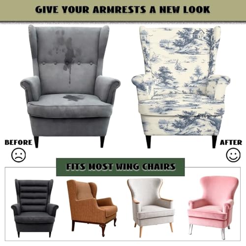 Blue Toile Scene Print Wingback Chair Cover 2-Piece Stretch Fit