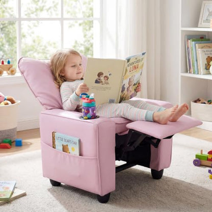 Kids Recliner Chair with Cup Holder & Storage Pockets - Pink