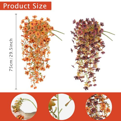Artificial Fall Hanging Flowers Plants - Faux Silk Mums for Outdoor & Indoor Decor, 4 Pack - Fall Orange Brown
