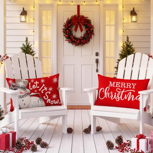 2 Pack Christmas Waterproof Lumbar Pillow Covers 12x20 - Red Snowman & Merry Christmas