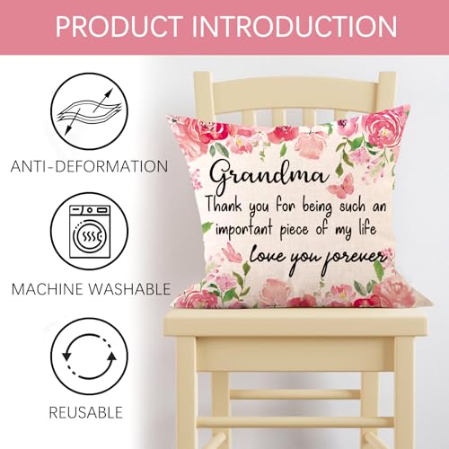 Grandma Gift Pillow Cover 18x18 Floral Butterfly Love Throw Pillowcase - Pink